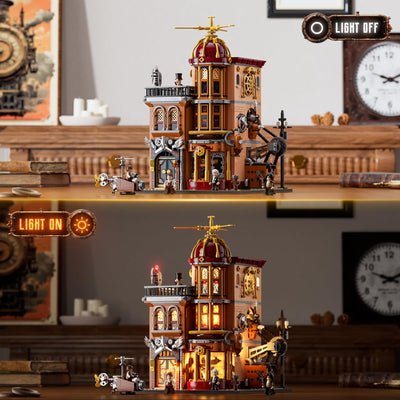 FUNWHOLE Steampunk Flugclub Beleuchtetes Baustein-Set - 1858 Teile Modularer Baukasten Sammler-Set für Erwachsene und Jugendliche