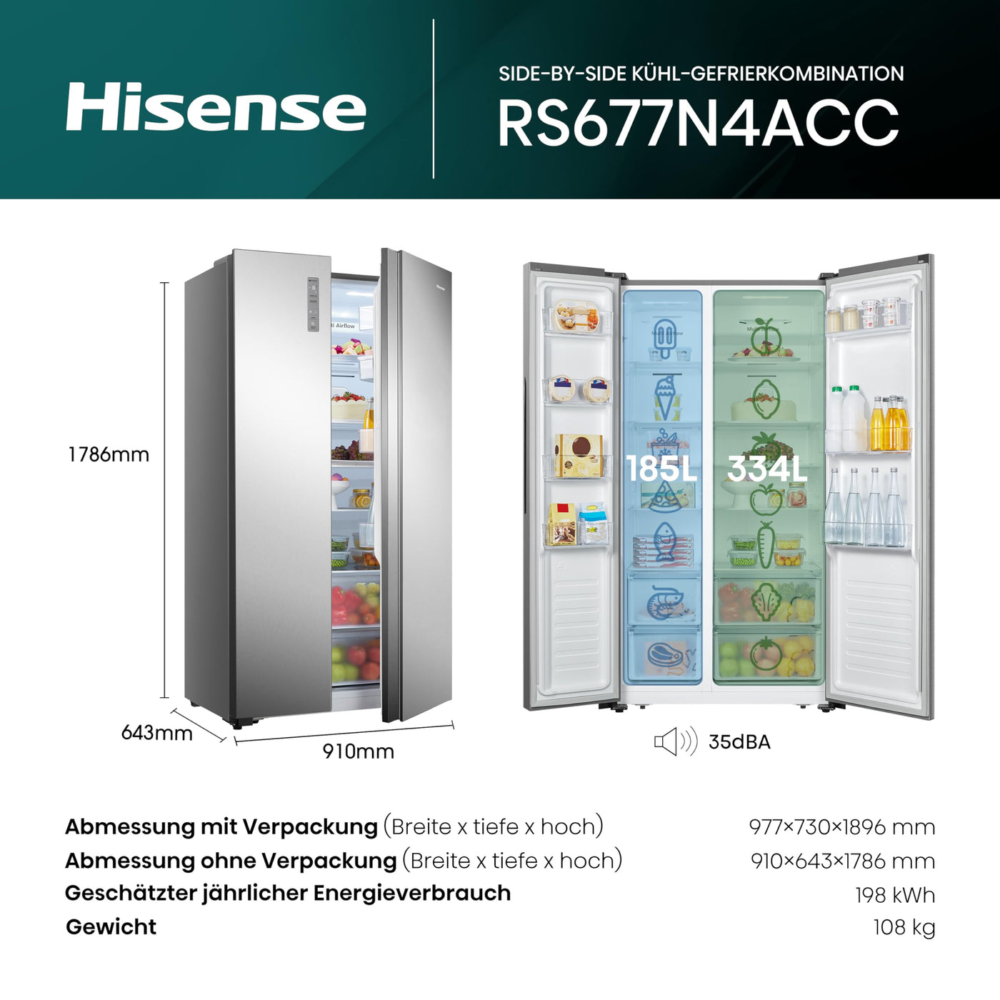 Hisense RS677N4ACC Side by Side Kühl-Gefrierkombination, 179cm, 519 Liter Gesamtkapazität, Multi Air Flow, LED Display, EEK: C, Electronic Touch Control, Inox Look