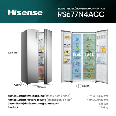 Hisense RS677N4ACC Side by Side Kühl-Gefrierkombination, 179cm, 519 Liter Gesamtkapazität, Multi Air Flow, LED Display, EEK: C, Electronic Touch Control, Inox Look