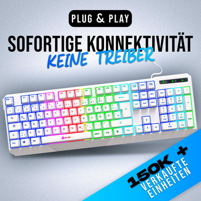 KLIM Chroma Gaming Tastatur QWERTZ DEUTSCH mit Kabel USB + Langlebig, Ergonomisch, Wasserdicht, Leise Tasten + RGB Gamer Tastatur für PC Mac Xbox One X PS4 Tastatur Weiß