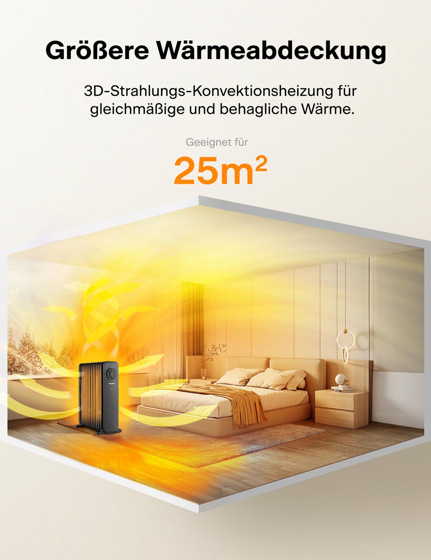 PELONIS 2500W Ölradiator Energiesparend, 13 Rippen Elektroheizung, Mobile Elektro Heizkörper mit Thermostat, 3 Heizstufen und Überhitzungsschutz, Radiator Heizung Elektrisch, Schwarz