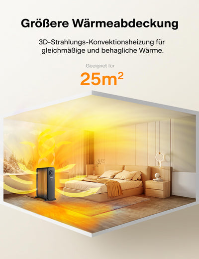 PELONIS 2500W Ölradiator Energiesparend, 13 Rippen Elektroheizung, Mobile Elektro Heizkörper mit Thermostat, 3 Heizstufen und Überhitzungsschutz, Radiator Heizung Elektrisch, Schwarz