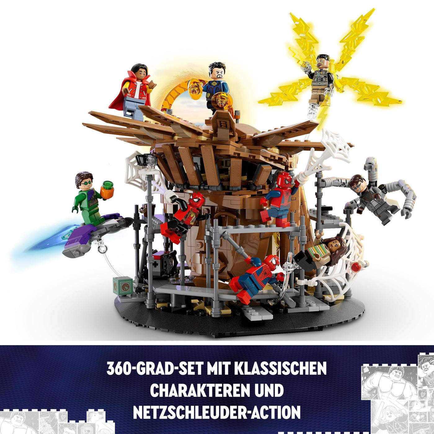 LEGO 76261 Marvel Spider-Mans großer Showdown, Spider-Man: No Way Home-Set mit 3 Peter Parker-Minifiguren sowie Green Goblin, Electro, Sandman, Ned, Doctor Strange und MJ, Sammlermodell