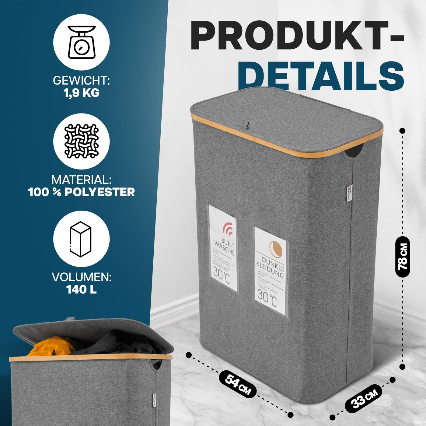 Lavanderi® Wäschekorb 2 Fächer & Deckel [schmal grau 140L XL] - Faltbare Wäschebox mit Waschhinweisen - Wäschesammler groß als Schmutzwäschebehälter - Laundry basket organizer with smartcards