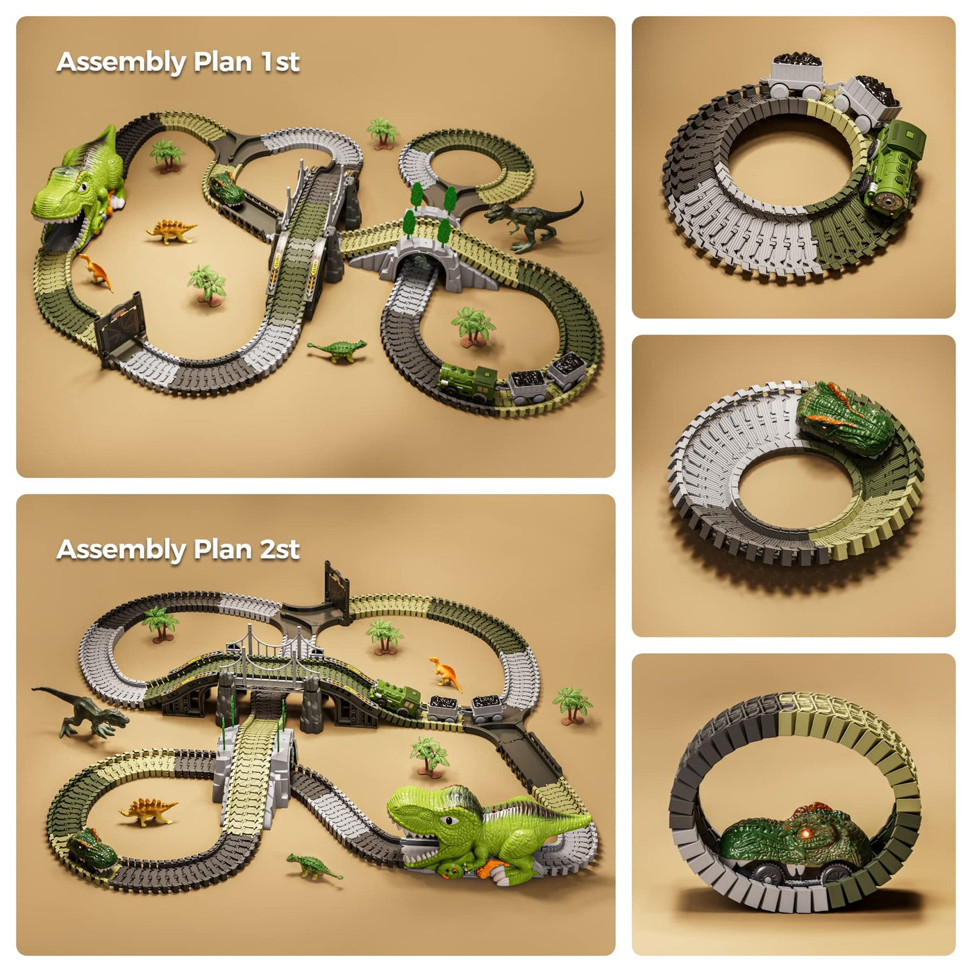 TUMAMA KIDS Dinosaurier Spielzeug Rennstrecke,281 Stück Dinosaurier Zug Spielzeug für Kinder 3 4 5 6,Flexible Eisenbahnschienen mit 4 Dinosauriern,2 Elektrische Rennwagen mit Lichtern