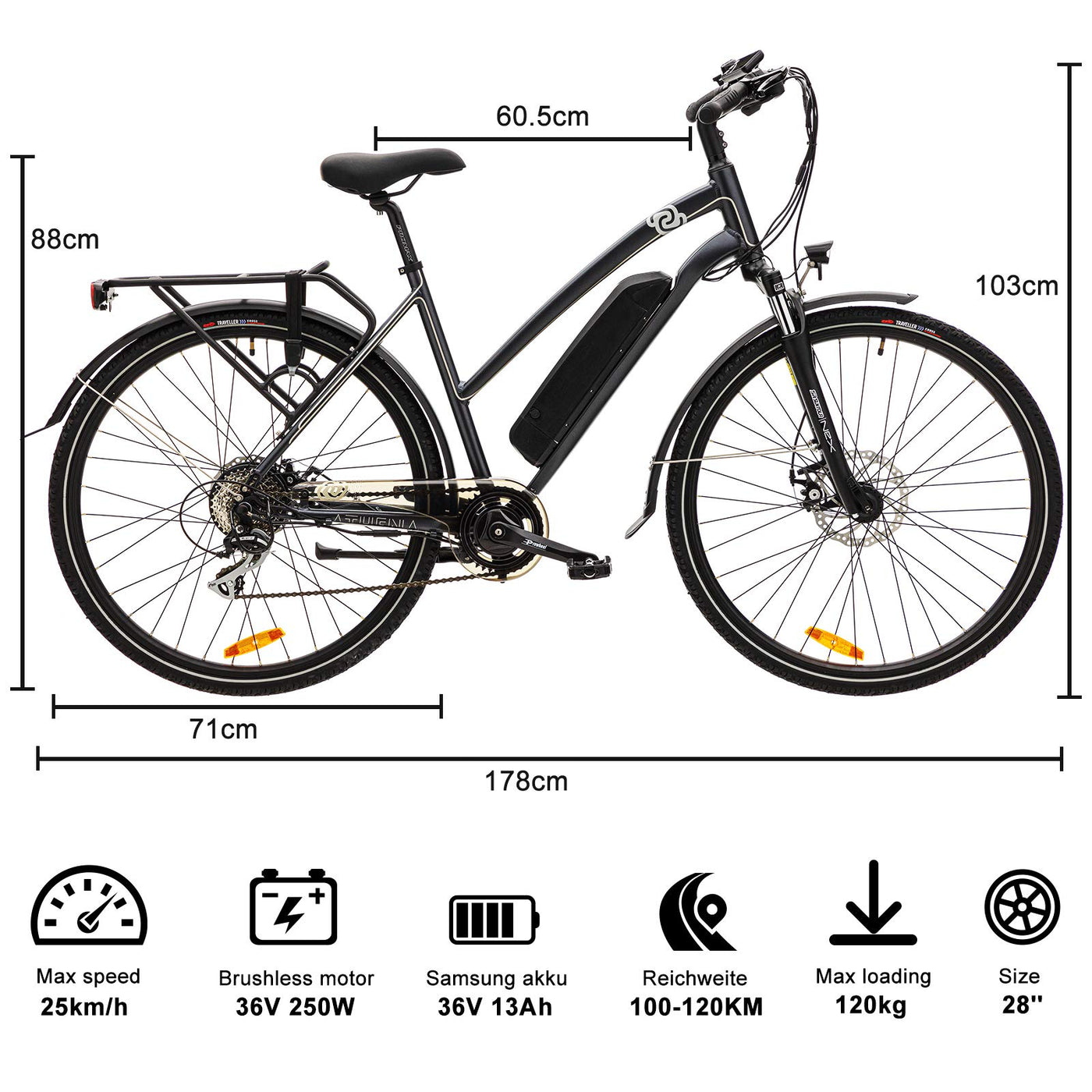 VecoCraft Elektrofahrrad E Bike Athena E-Bike Trekking Pedelec für Damen Herren, 28Zoll Urban Citybike, mit 36V 250W 13Ah Akku 25km/h 100km, Shimano 8-Gang Electric Bike