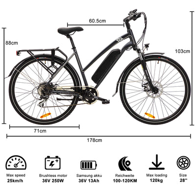 VecoCraft Elektrofahrrad E Bike Athena E-Bike Trekking Pedelec für Damen Herren, 28Zoll Urban Citybike, mit 36V 250W 13Ah Akku 25km/h 100km, Shimano 8-Gang Electric Bike
