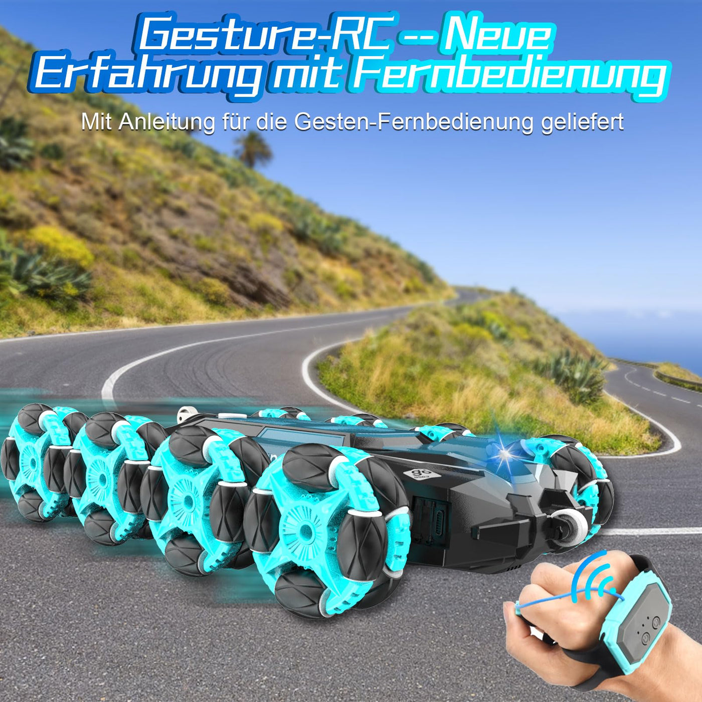 Nauotk Ferngesteuertes Auto, 2,4 GHz Ferngesteuerter RC Auto ab 6 7 8 9 10 11 12 Jahre, 8WD Stunt Drift Car mit Gestensensor, Coole Lichter und Sprühnebel, 2 Akku Spielzeug, Kinder Roboter-Blau