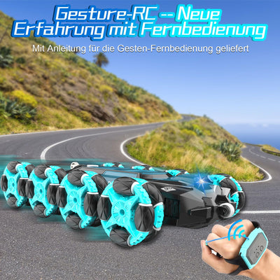 Nauotk Ferngesteuertes Auto, 2,4 GHz Ferngesteuerter RC Auto ab 6 7 8 9 10 11 12 Jahre, 8WD Stunt Drift Car mit Gestensensor, Coole Lichter und Sprühnebel, 2 Akku Spielzeug, Kinder Roboter-Blau