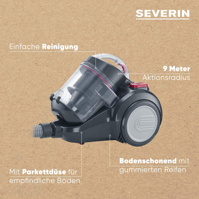 SEVERIN Beutelloser Zyklon-Staubsauger, Bodenstaubsauger für konstante Saugkraft, Staubsauger ohne Beutel mit 800 Watt und 9 m Aktionsradius, 2,1 L, schwarz-rot, CY 7089