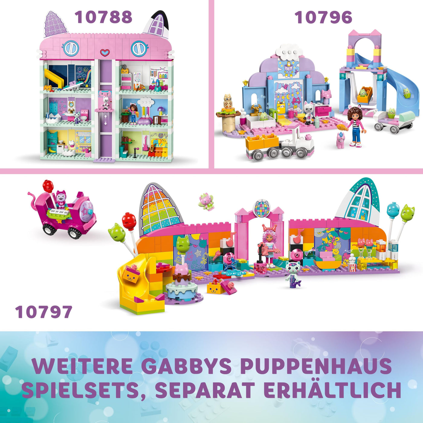 LEGO Gabby's Puppenhaus – Gabbys Katzenpflege Spielset – Kreatives Tier Spielzeug - Bauset mit Auto, Zug, Rutsche, Minifiguren & Zubehör – Kinder Geschenk für Mädchen ab 4 Jahren – 10796