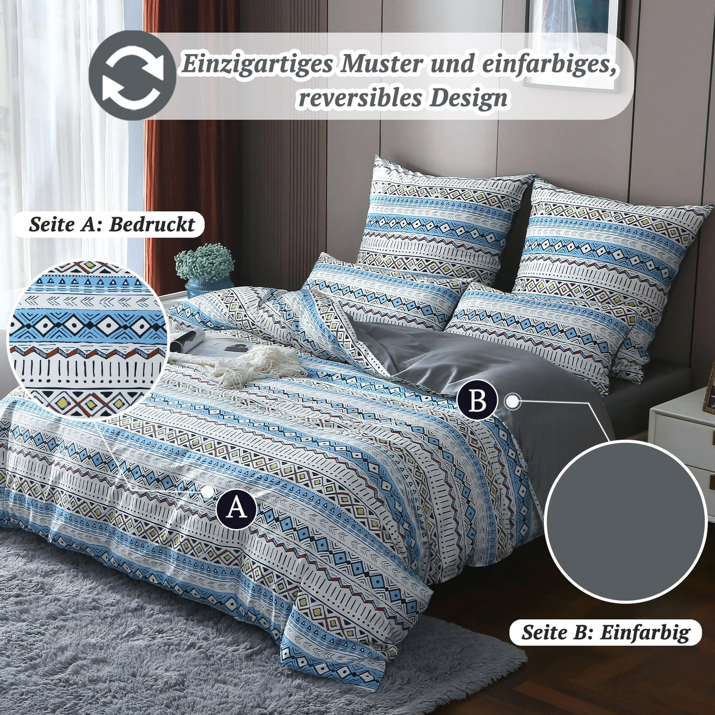 MILDLY Satin Bettwäsche 135x200 Baumwolle, Boho Bettwäsche-Sets mit Reißverschluss öKotex Zertifiziert Enthält 1 Bettbezug 135x200 und 1 Kissenbezüge 80x80, Boho