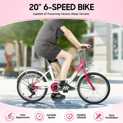 XUEMANSHOP Kinderfahrrad, 20 Zoll Fahrrad mädchen, 6-Gang-schaltung Fahrrad Damen mit Scheinwerfer, Belastbarkeit Max 90kg für 6,7, 8, 9, 10 Jahr