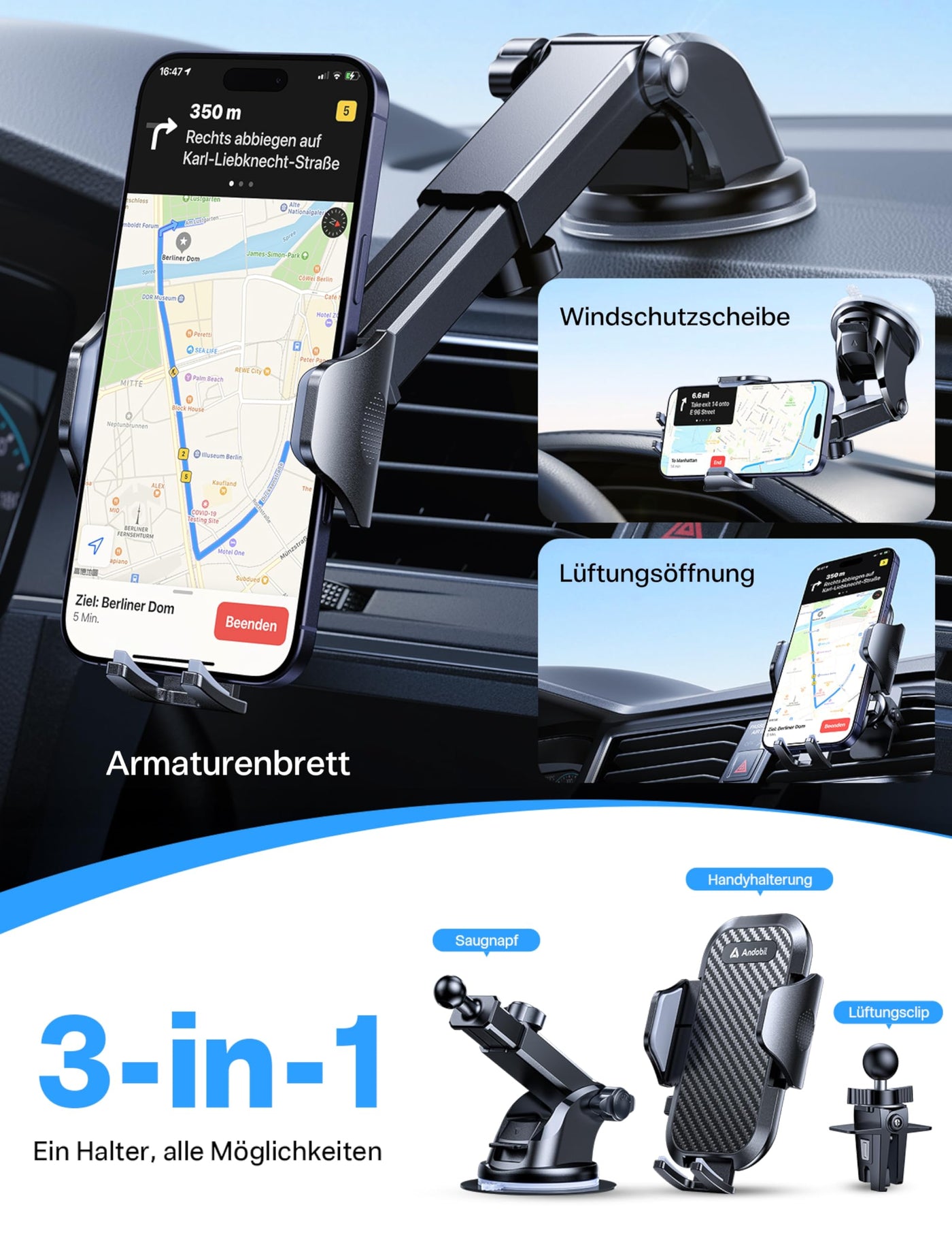 andobil Handyhalterung Auto [2026 3. Generation Upgrade] 3-in-1 Saugnapf & Lüftung Kfz Handyhalterung Universal Smartphone Handyhalter Auto für iPhone 17 Pro Max 16/15/14/13, Samsung S25 Ultra/S24/S23