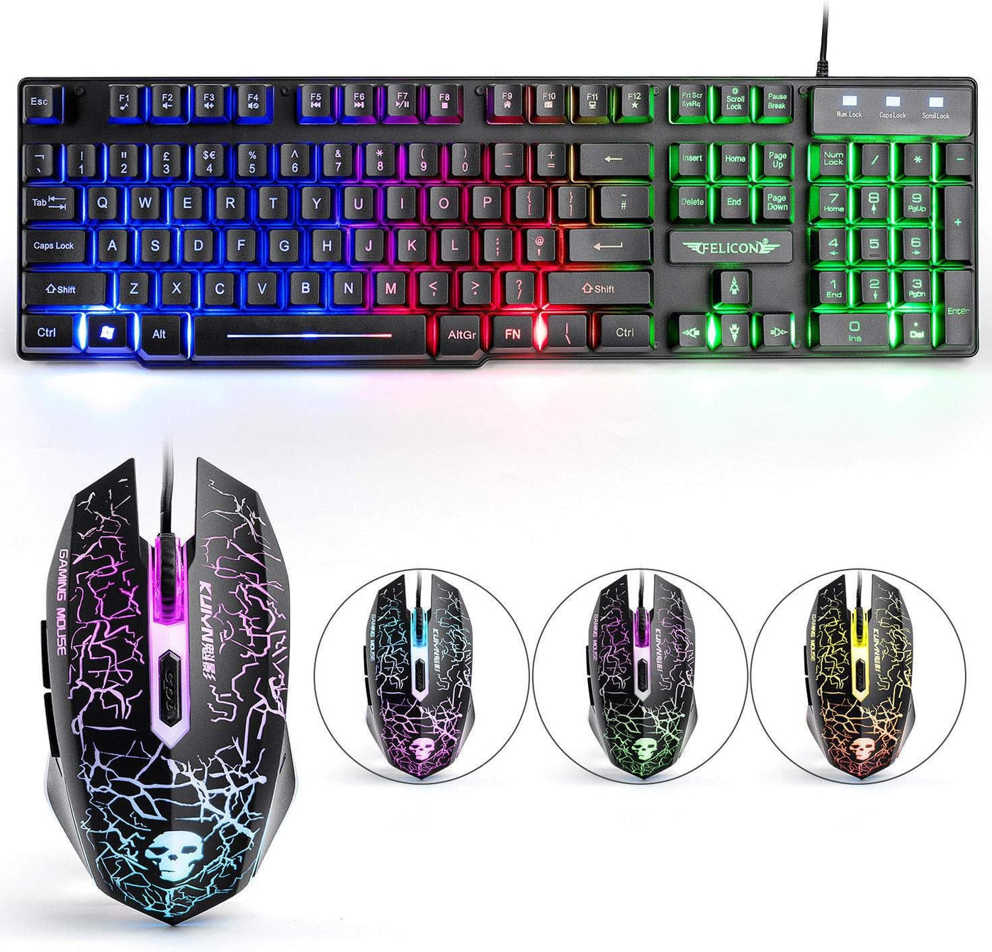 Lexon tech Kabelgebundene Tastatur und Maus Set T6 Rainbow Hintergrundbeleuchtung, USB, ergonomische Multimedia-Tastatur, 2400 DPI,6 Tasten,USB-Gaming-Maus, inklusive Gaming-Mauspads in Standardgröße