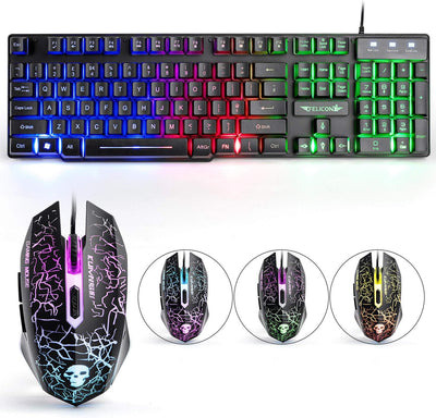 Lexon tech Kabelgebundene Tastatur und Maus Set T6 Rainbow Hintergrundbeleuchtung, USB, ergonomische Multimedia-Tastatur, 2400 DPI,6 Tasten,USB-Gaming-Maus, inklusive Gaming-Mauspads in Standardgröße