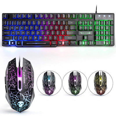 Lexon tech Kabelgebundene Tastatur und Maus Set T6 Rainbow Hintergrundbeleuchtung, USB, ergonomische Multimedia-Tastatur, 2400 DPI,6 Tasten,USB-Gaming-Maus, inklusive Gaming-Mauspads in Standardgröße