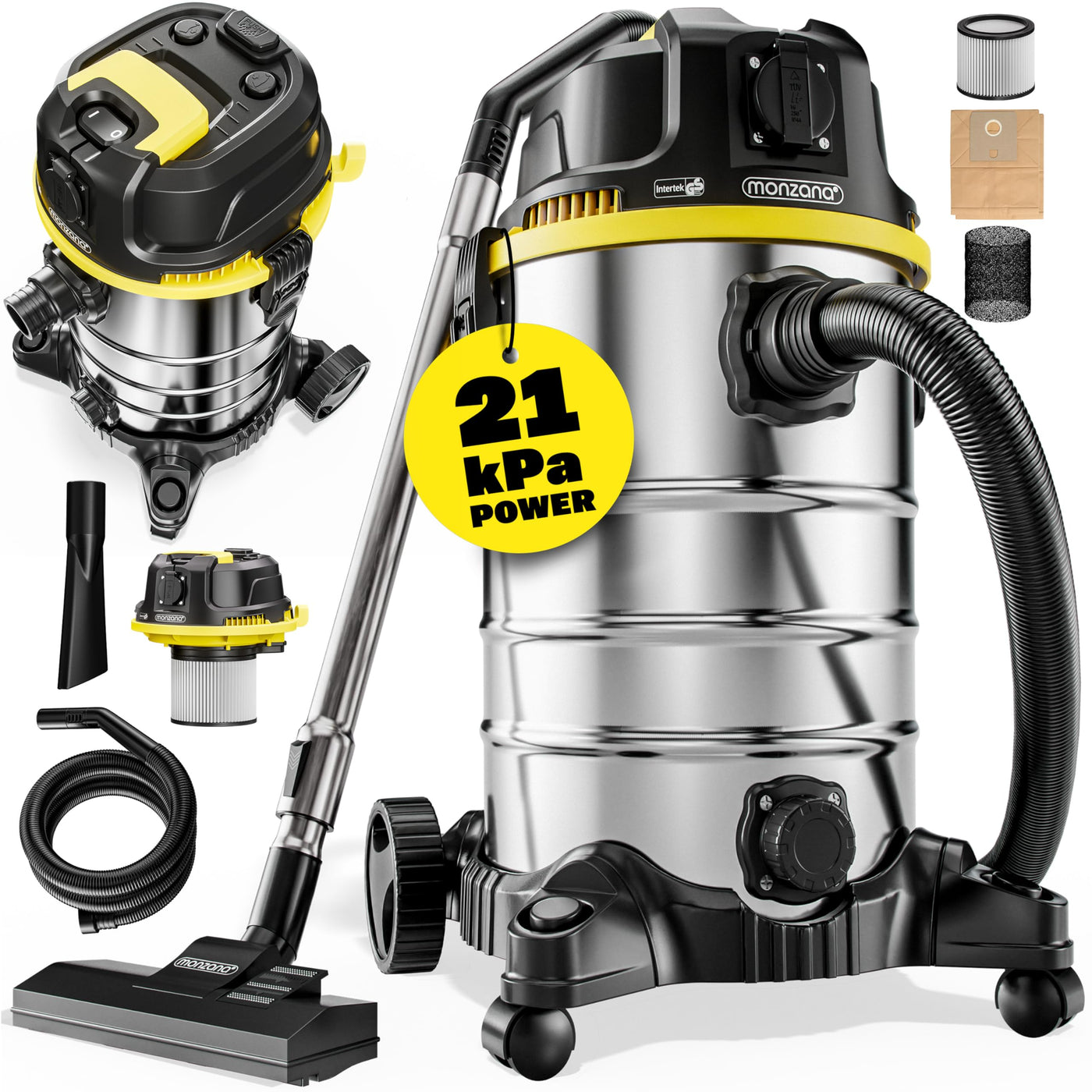 Monzana® Nass Trockensauger 5in1 Industriestaubsauger 2400W 30L Edelstahl Steckdose Nasssauger mit Blasfunktion Laub Push&Clean Waschsauger Beutellos