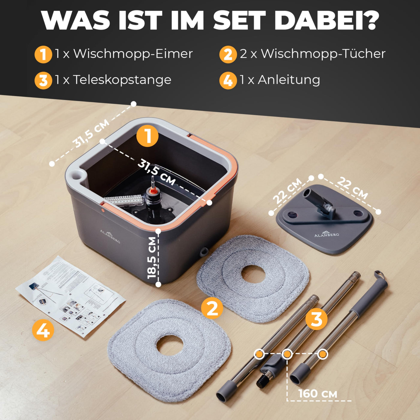 ALANBERG® Wischmopp Set mit Eimer – 2-Kammer-System für Schmutz- & Frischwassertrennung – Selbstauswringend, Mikrofaser Wischpads – Bodenwischer für alle Böden, Grau