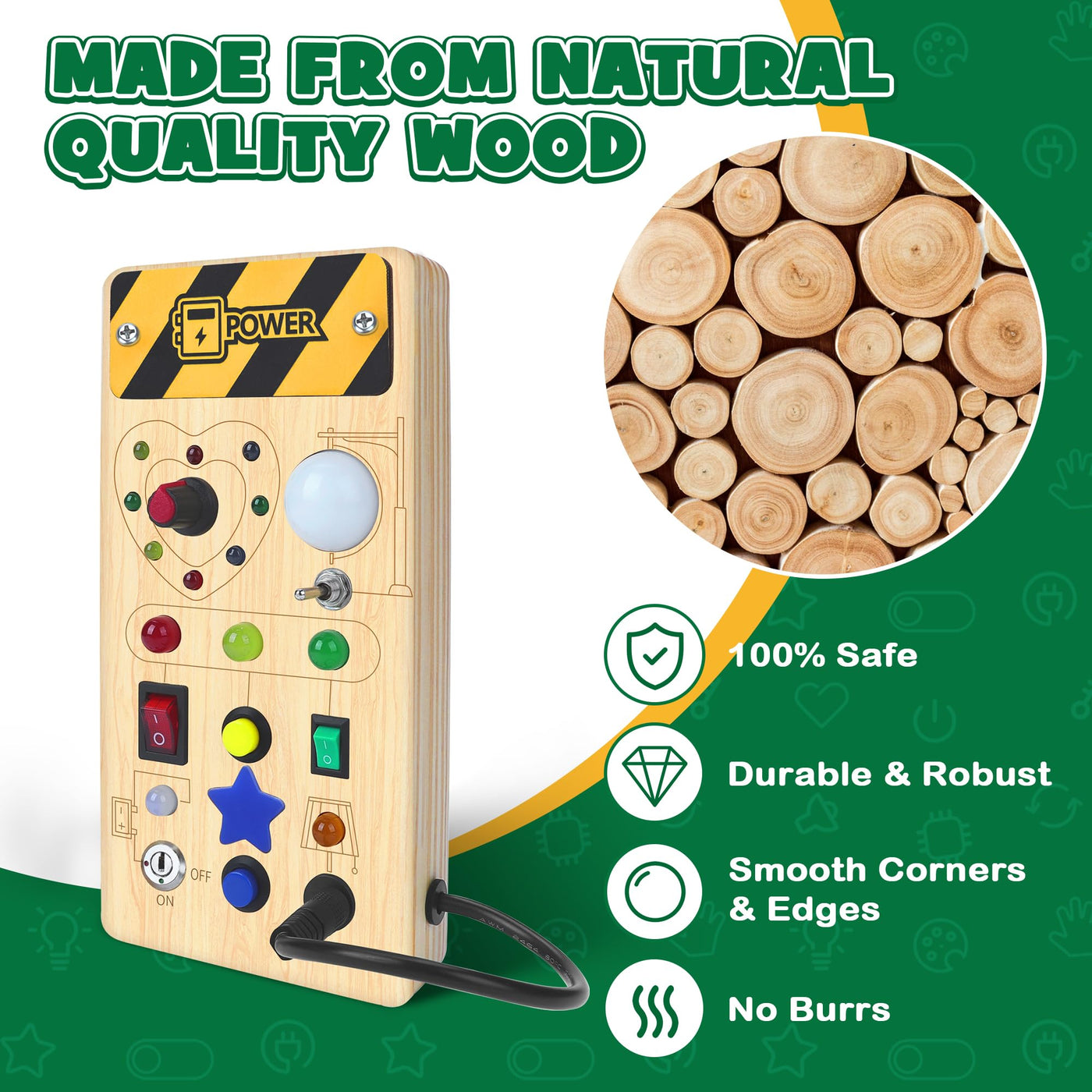 Montessori Busy Board - Montessori Spielzeug ab 1 Jahr Holzspielzeug mit 8 Schalter 15 LED Motorikspielzeug Activity Board Schalter Spielzeug für Jungen Mädchen ab 1 2 3 Jahre (Standardausgabe)