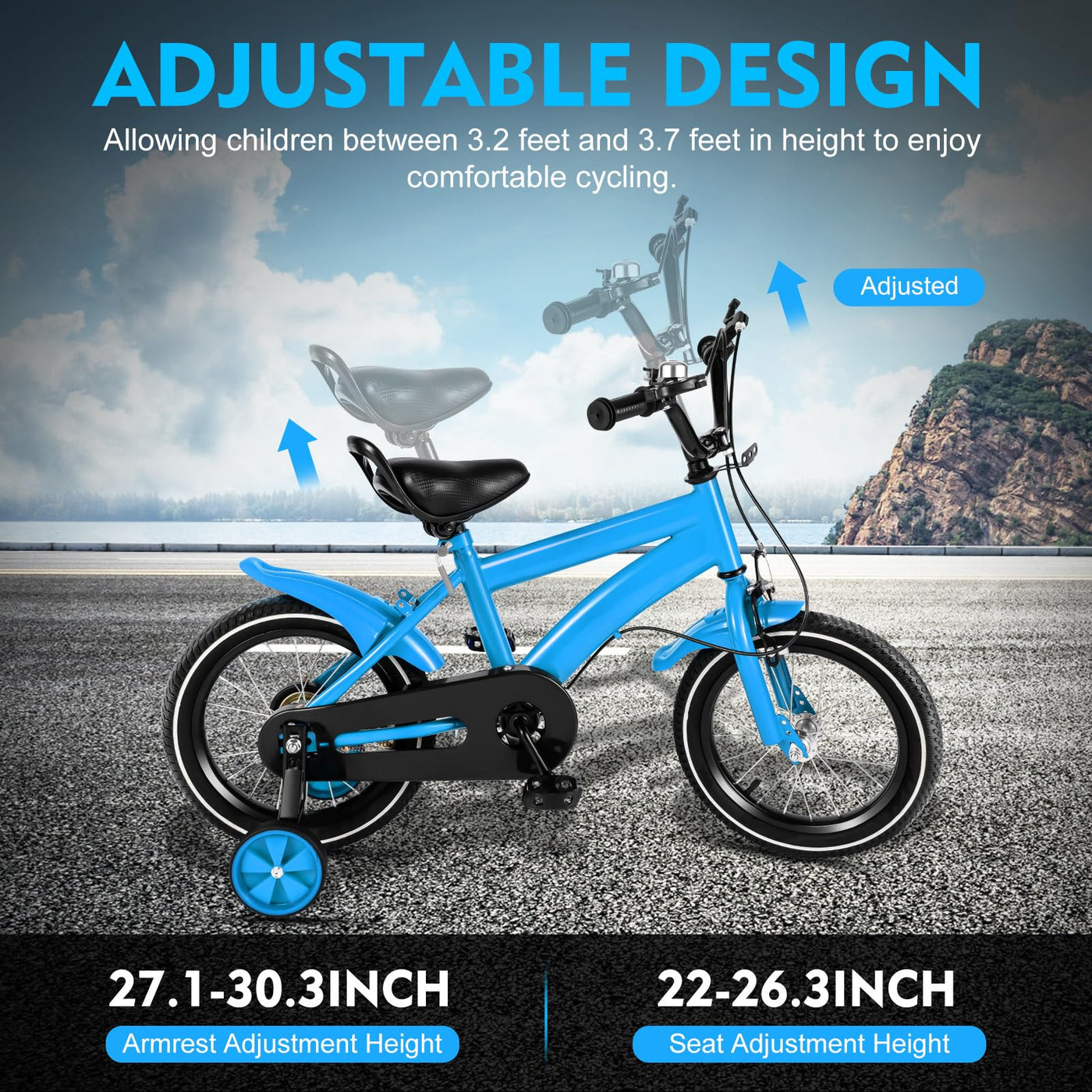 14" Kinderfahrrad Jungen MäDchen Lauflernrad HöHenverstellbare Kinder Freestyle Jungenfahrrad Stil Unisex Kinderrad Rad Mountainbike Bike Mit Hilfsrad+Chutzblech+Klingel Bis TragfäHigkeit 50Kg (Blau)