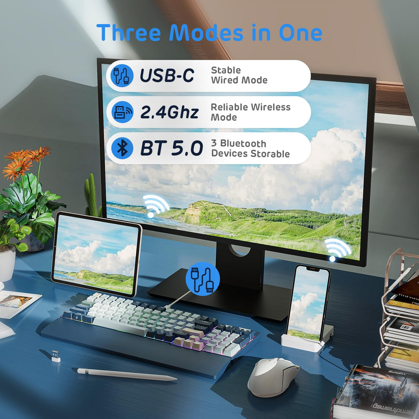 RK ROYAL KLUDGE RK96 RGB Limited Ed, 90% 96 Tasten Triple Mode Bluetooth 5.0/2.4G/USB-C Hot-Swap-fähige mechanische Tastatur mit Software und massivem Akku, RK Yellow Switch, Wald Blau, QWERTY