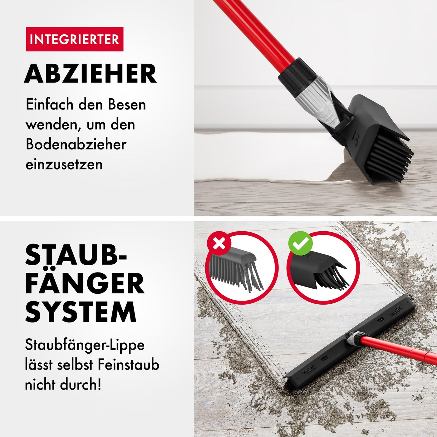 Tyroler Gummibesen & Bodenabzieher | Kehrbesen-Kopf aus 100% Naturkautschuk 41cm | Besen mit Stiel und 140cm Anti-Rost-Griff | Gummibesen mit Abzieher | Gummibesen mit Stiel | Gummibesen Tierhaare