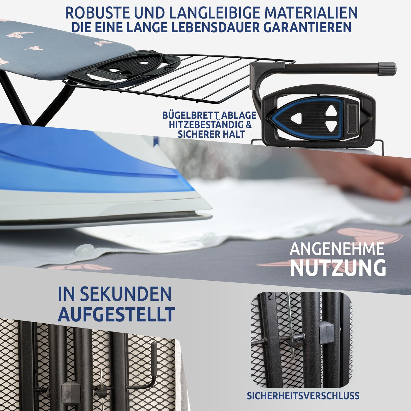 STAHLMANN ® großes Bügelbrett [120x42 Bügelfläche] mit Kleidungsplatte – robuster Bügeltisch – extra stabiles Bügelbrett [Made IN EU] – Tischbügelbrett