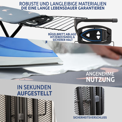 STAHLMANN ® großes Bügelbrett [120x42 Bügelfläche] mit Kleidungsplatte – robuster Bügeltisch – extra stabiles Bügelbrett [Made IN EU] – Tischbügelbrett