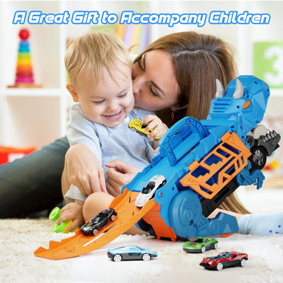 Shawe Dinosaurier Transporter Truck Auto Spielzeug ab 3 4 5 6 Jahre mit 6 Die-Cast-Fahrzeugen, Autorennbahn Aufbewahrung Verschlucken Transformierbar Spielzeugautos Geschenk für Jungen Mädchen Kinder