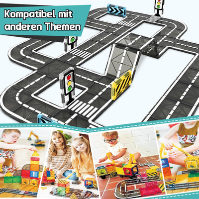 BuzzoXerex Magnetische Bausteine Straßenset, 50PCS Magnetische Fliesen Stadtstraßen, Magnetbausteine Straßenaufsatz-Set Lernaktivitäten Geschenk ab 3 4 5 Jahre