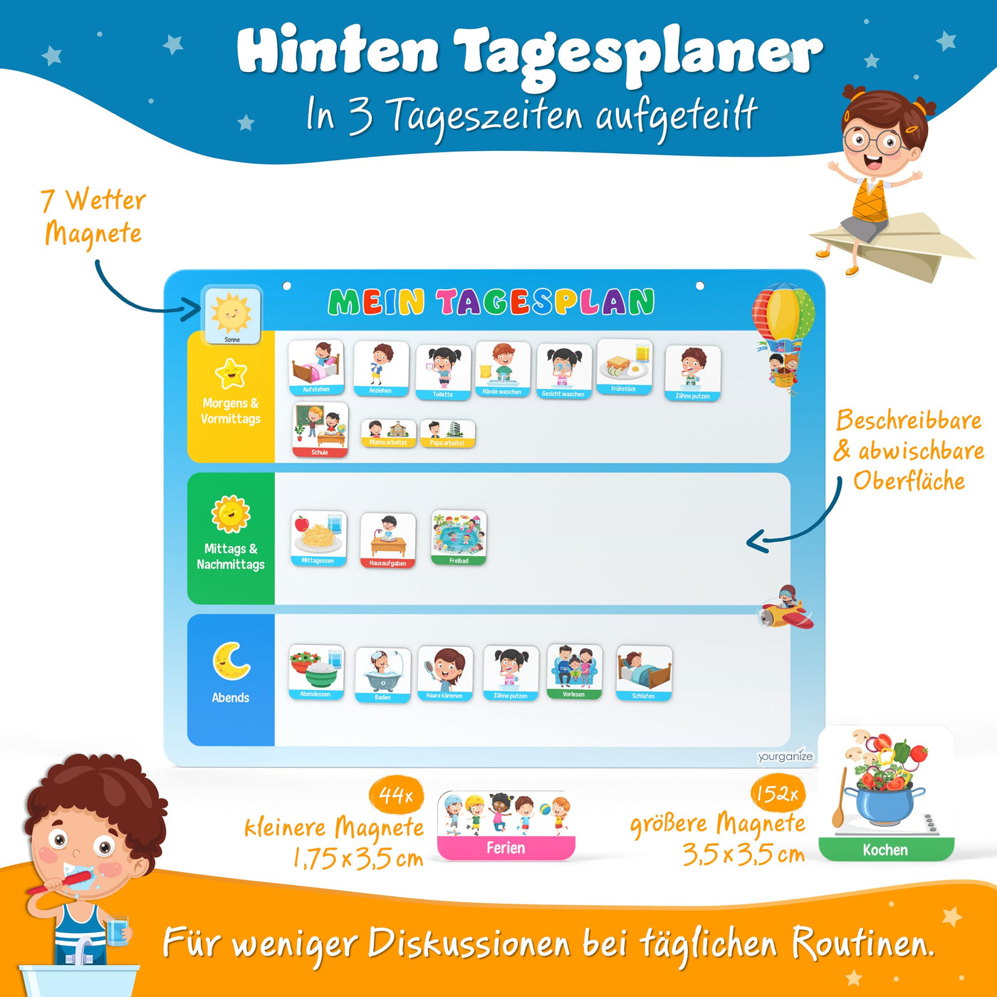 YOURGANIZE® 2-in-1 Wochenplaner Kinder & Tagesplaner Kinder inkl. 196 Magnete + 160 Sticker zum Personalisieren - Routine Planer Kinder