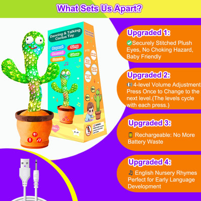 Vitosup Tanzender Sprechender Kaktus Baby Spielzeug, Lautstärke einstellbar, Nachahmend Singend Wiederholend, Interaktives Plüsch-Babyspielzeug/Geschenk für Jungen Mädchen