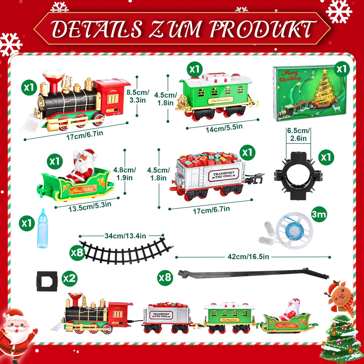 BuzzoXerex Eisenbahn Weihnachtsbaum Elektrisch, Zug Weihnachtsbaum, Weihnachtszug für Den Tannenbaum mit Blauer LED-Lichterkette, Eisenbahn Kinder Elektrisch mit Sound & Dampfeffekt