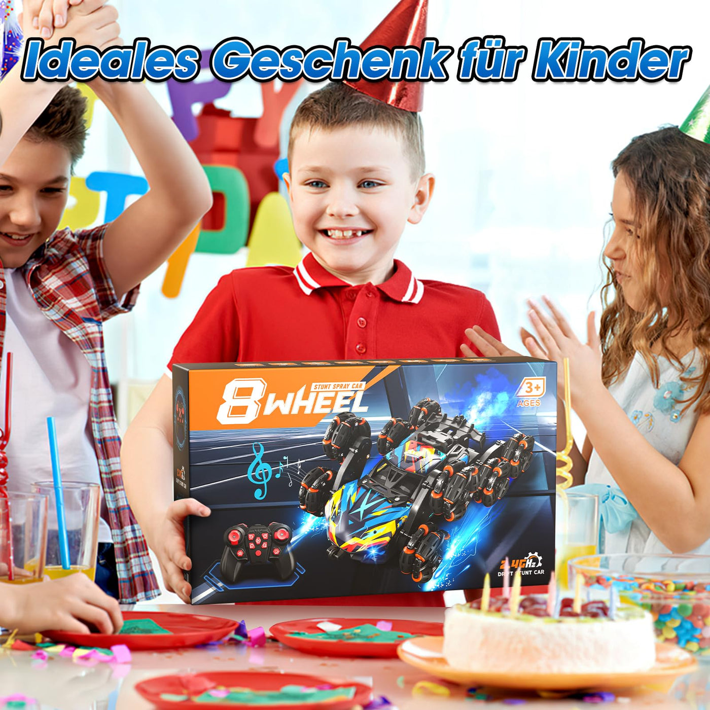 Ferngesteuertes Auto, Ferngesteuertes Auto ab 3 4 5 6 7 8 9 10 Jahre Kinder, 8WD Stunt und Handsteuerung, RC Drift Car mit LED Licht, Musik und Spray, RC Spielzeug Geschenk ab 3-12 Jahre Junge