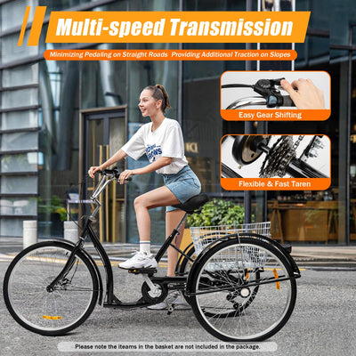 VonVVer 26 Zoll Dreirad für Erwachsene - 6 Gang Dreiräder Erwachsene mit Korb 110KG Last Höhenverstellbar 3 Räder Fahrrad Cityräder Cruise Einkaufsrad für Senioren Frauen Ältere (Schwarz)