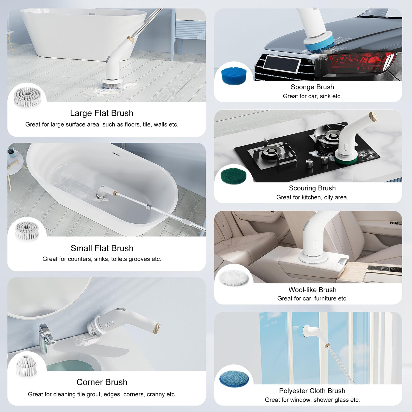 NanoMin 13 in 1 Elektrische Elektrische Reinigungsbürste mit Verlängerungsgriff, Badzubehör-Set mit 11 austauschbaren Bürsten für Toilette, Badewanne, Küche, Boden(Ivory White)