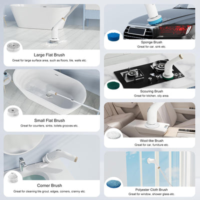 NanoMin 13 in 1 Elektrische Elektrische Reinigungsbürste mit Verlängerungsgriff, Badzubehör-Set mit 11 austauschbaren Bürsten für Toilette, Badewanne, Küche, Boden(Ivory White)