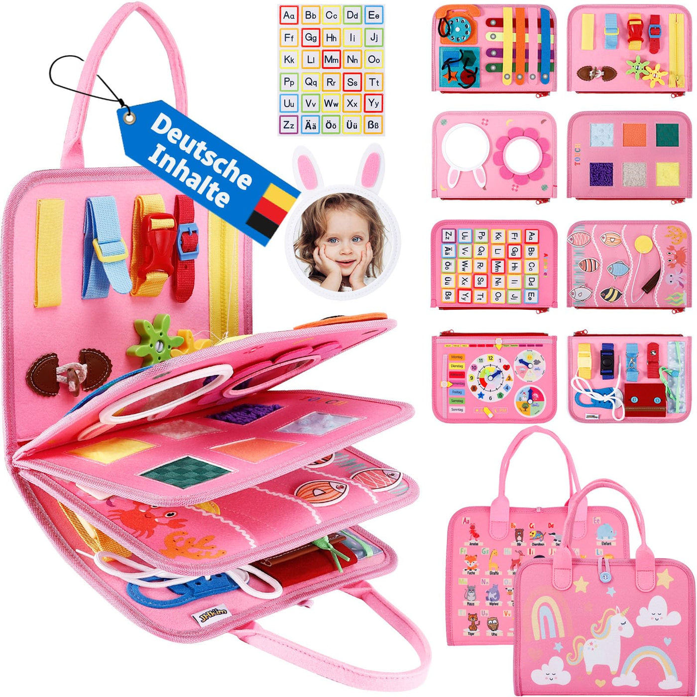 JHkim Busy Board Deutsch Montessori Spielzeug ab 1 2 3 4 Jahre, Jungen & Mädchen, Kinder Sensorik Geschenk, Activity Board Lernspielzeug, Motorikspielzeug für Reise Auto & Flugzeug