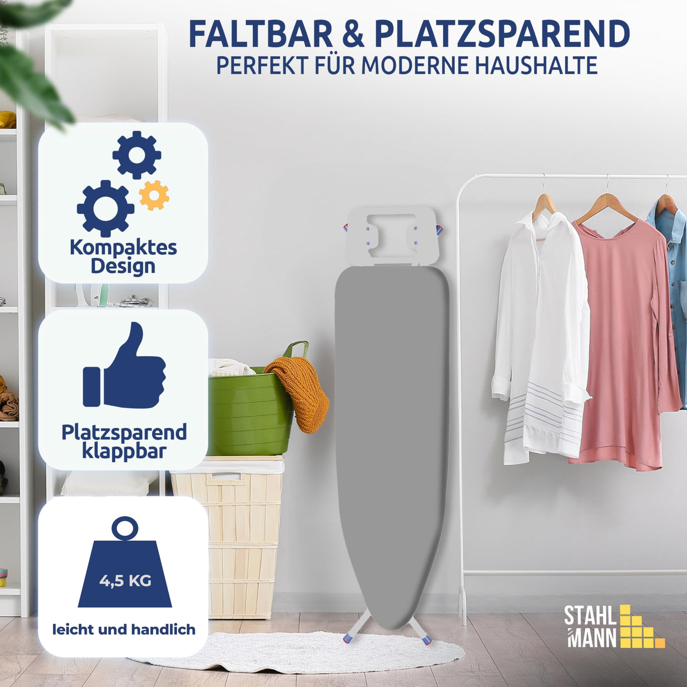 STAHLMANN ® Bügelbrett [114x34 Bügelfäche ] mit rutschfesten Füßen – robuster Bügeltisch – extra stabiles Bügelbrett [Made IN EU] – Tischbügelbrett