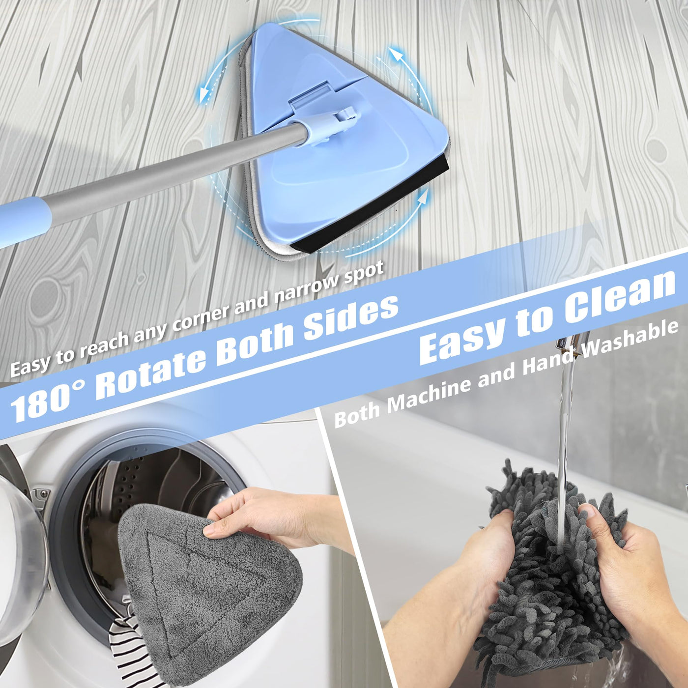 NEWE Rückenschonender Wand Mop mit 202 cm Langem Griff, 180° Klappbares Bodenwischer Wischmopp mit Rakel, Dreiecksmopp mit 4 Chenillepads und 2 Mikrofaserpads zum Waschen für Gemalte Wände, Decke