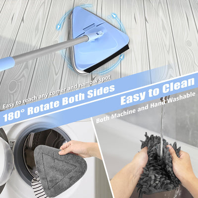 NEWE Rückenschonender Wand Mop mit 202 cm Langem Griff, 180° Klappbares Bodenwischer Wischmopp mit Rakel, Dreiecksmopp mit 4 Chenillepads und 2 Mikrofaserpads zum Waschen für Gemalte Wände, Decke