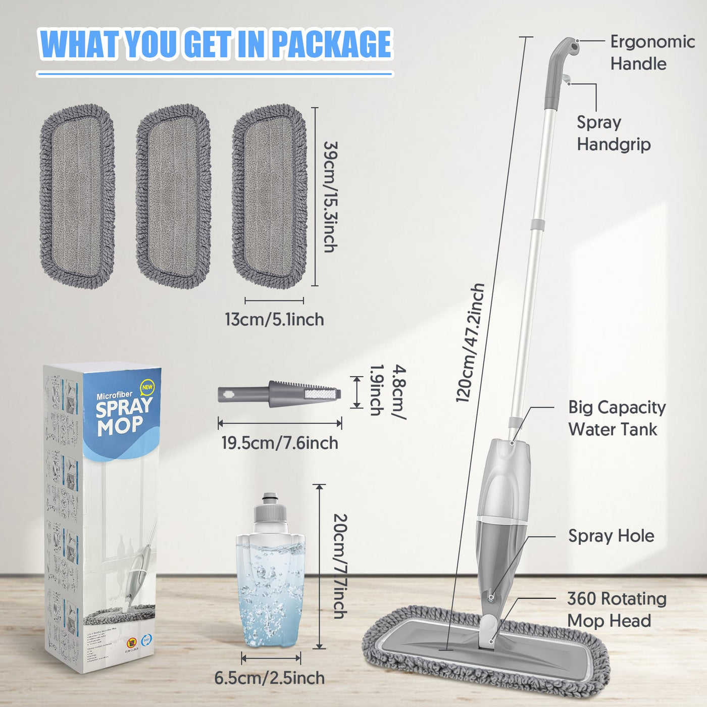 Wischmopp mit Sprühfunktion – EXEGO Bodenwischer mit Sprühmopp Spray Mop Floor Mop mit 3X Wischpads Staubwischer Nasswischer für Schnelle Reinigung Hartholz, Marmor, Holz, Laminat, Fliesen
