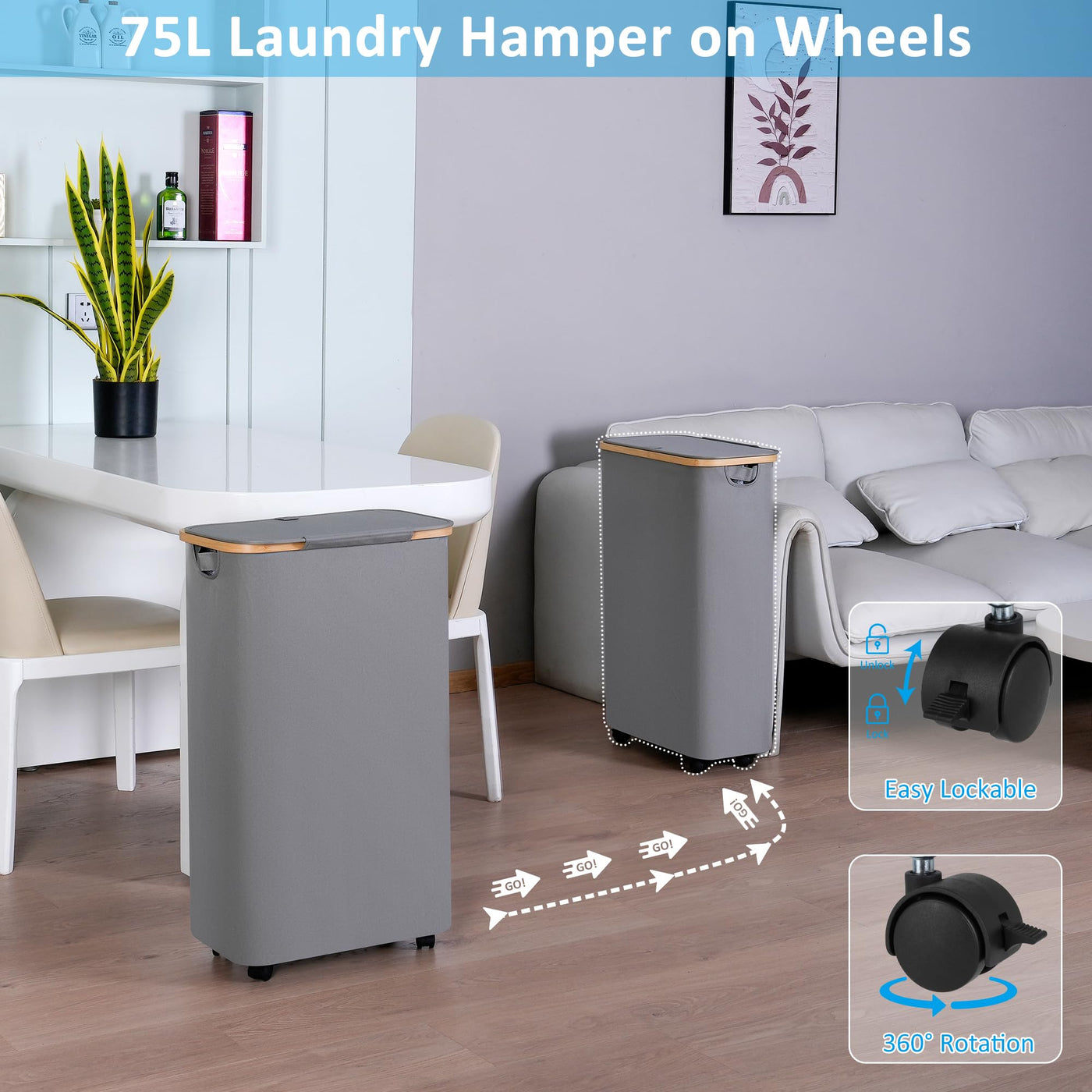 efluky 75L Wäschekorb mit Rollen, Schlanker Wäschekorb mit Deckel, Grau Faltbare Wäschebehälter mit Bambusgriffen und abnehmbarem Beutel für Schlafzimmer, Bad, Waschküche