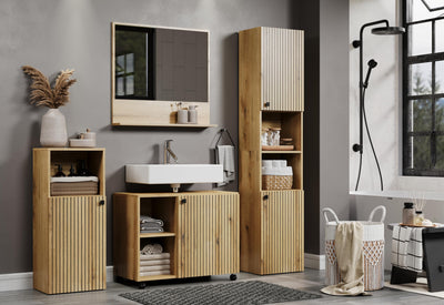 trendteam smart living - Waschbeckenunterschrank Unterschrank auf Rollen - Badezimmer - PureBliss - Aufbaumaß (BxHxT) 80 x 64 x 42 cm - Farbe Evoke Eiche mit schwarzen Rillen - 233730142