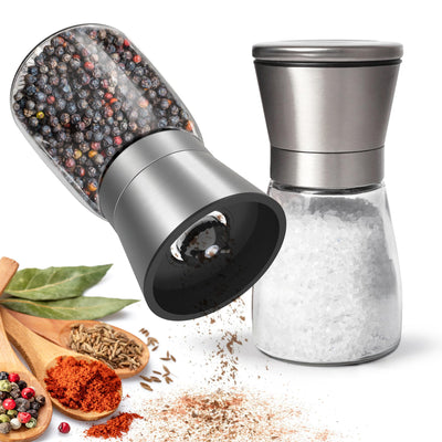 KitchenBoss Salz und Pfeffermühle 2er Set：Gewürzmühle Einstellbar Salzmühle für Grobes Salz, Salt and Pepper Grinder mit Keramikmahlkern, für Salz, Pfeffer, Chilli (Unbefüllt)