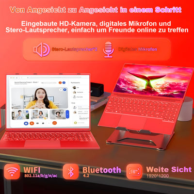 2025 Gaming Laptop 16 Zoll Win11 12+512GB SSD Unterstützung 2TB(HDD-2TB) 1920x1200 Notebook 4-Core Celeron N5095 (bis 2.9GHz) Laptop mit Nummerntastatur WiFi Mini HDMI Deutscher Tastaturschutz-Rot