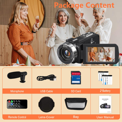 Videokamera Camcorder 4K, 44MP Vlogging Camera für YouTube, 18X Digitaler Zoom 3,0-Zoll-IPS-Bildschirm Kamera, IR Nachtsicht Webcam Videokamera mit Mikrofon, Fernbedienung, 2 Akkus und 32GB SD Karte