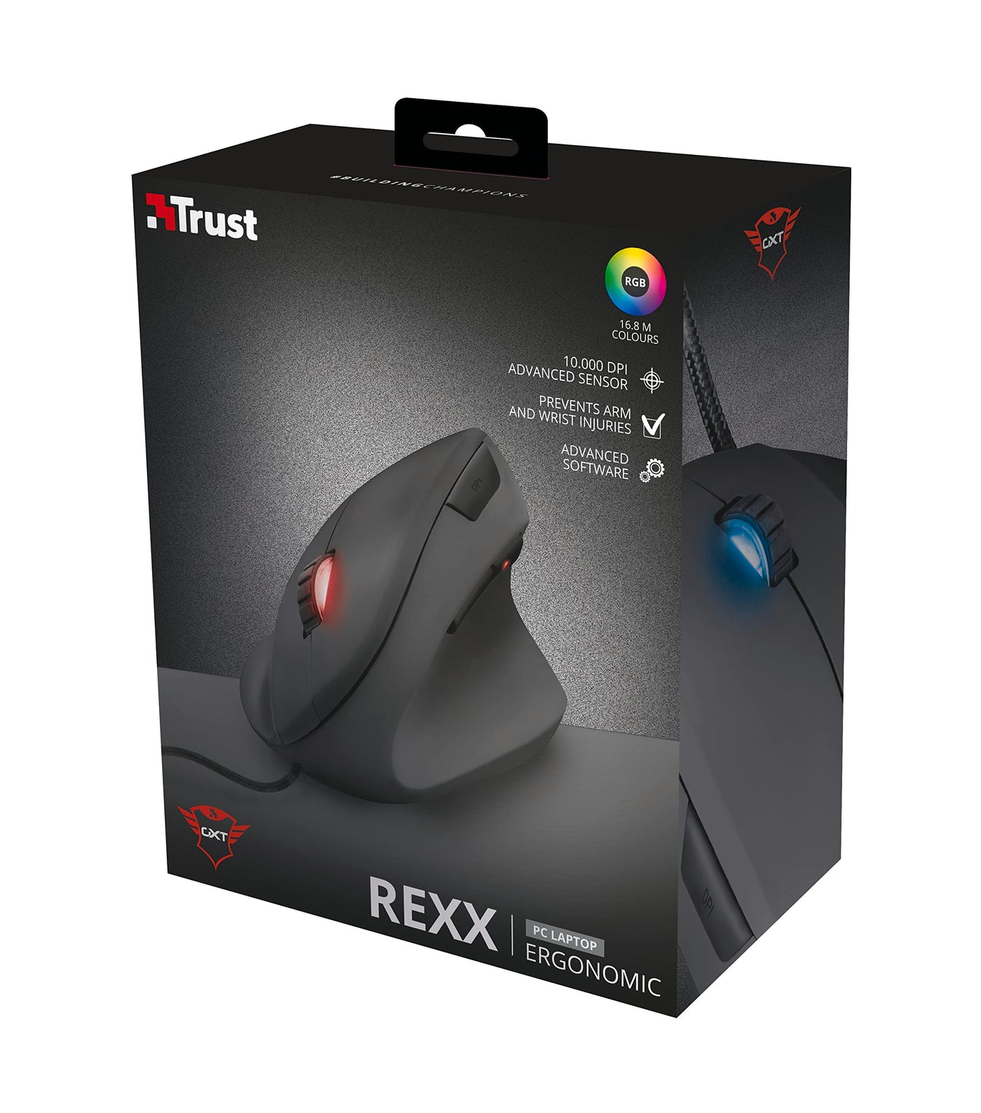 Trust Gaming GXT 144 Rexx Vertikale Gaming Maus, 10.000 DPI, 6-programmierbare Tasten, RGB LED-Beleuchtung, Ergonomisches Design Vorbeugung Gegen Mausarm/Tennisarm (RSI Syndrom) - Schwarz
