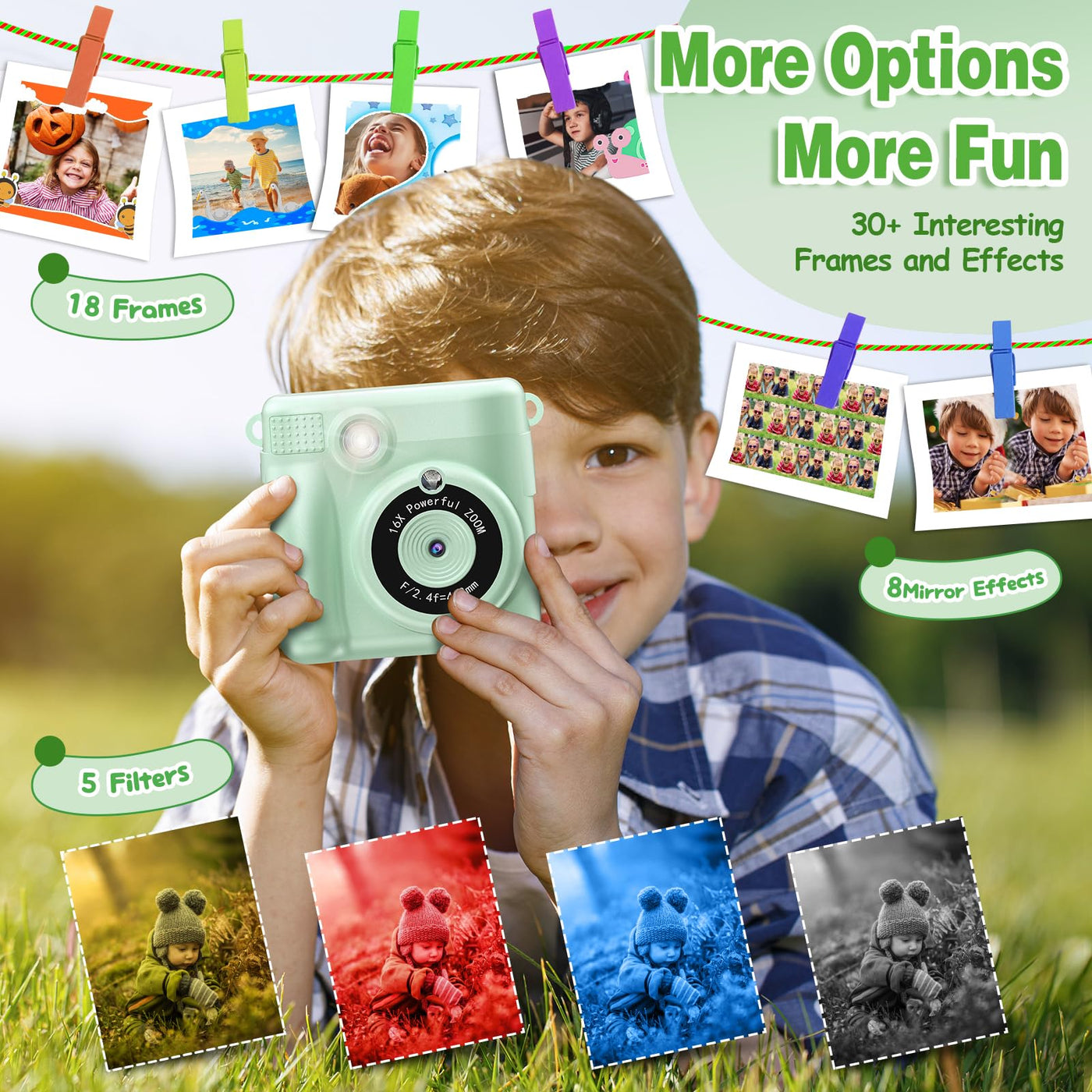 KinderKamera - Sofortbildkamera DigitalKamera Print 1080P - 16x Digitalzoom 2.4" Bildschirm - 32GB Karte - 3 Rollen Druckpapier - mit Aufbewahrungstasche Weihnachten Geschenk für Kinder 3-12 Jahren